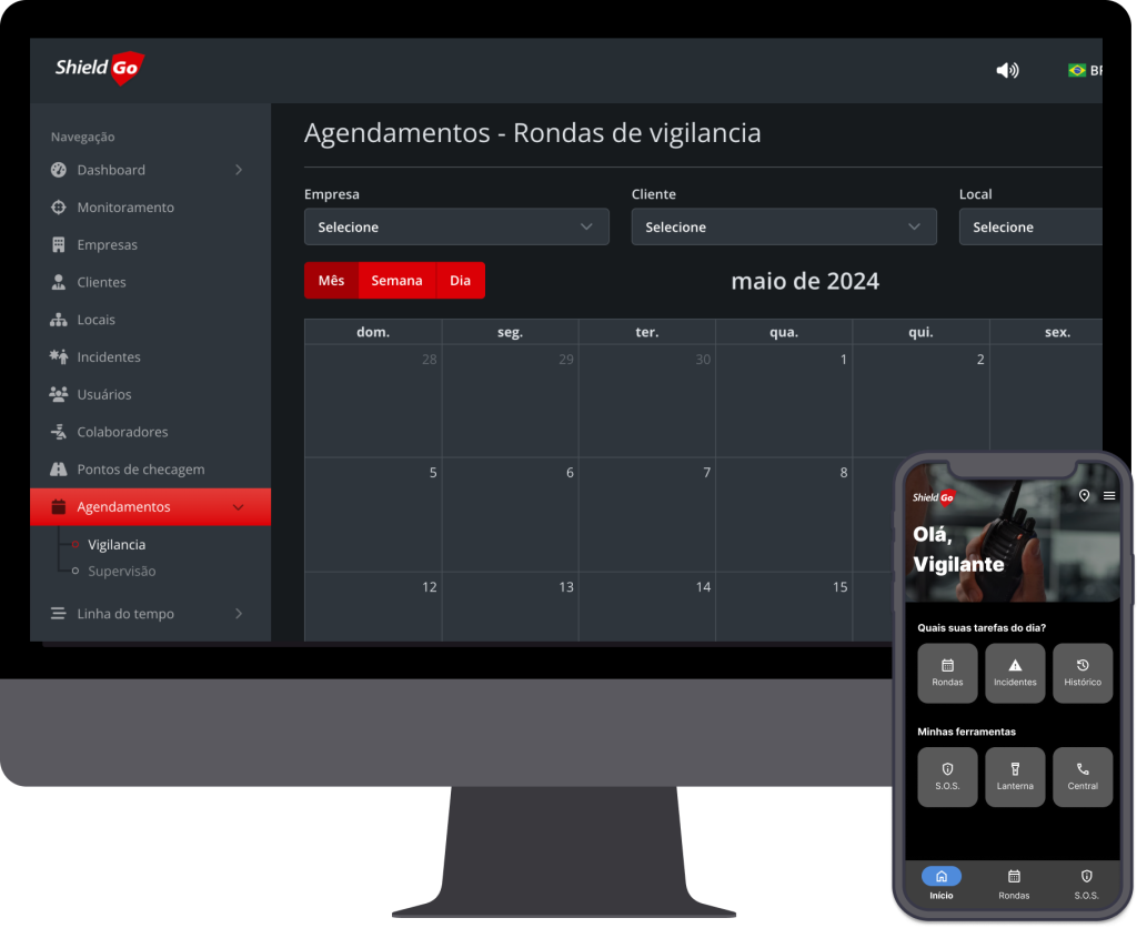 Dashboard de agendamento e login do aplicativo na plataforma de gestão de rondas ShieldGo para eficiência e segurança