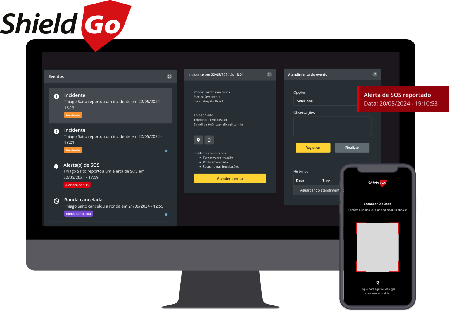 Dashboard da plataforma ShieldGo mostrando monitoramento em tempo real e aplicativo com tela de escaneamento de QR code