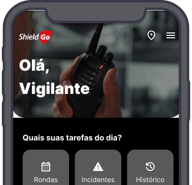 Aplicativo ShieldGo com vigilante logado na tela inicial com mensagem de boas vindas